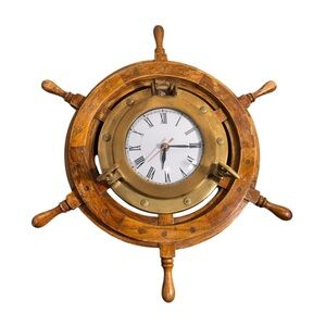 Vintage Large Wooden/brass Ships Wheel Quartz Wall Clock Nautical